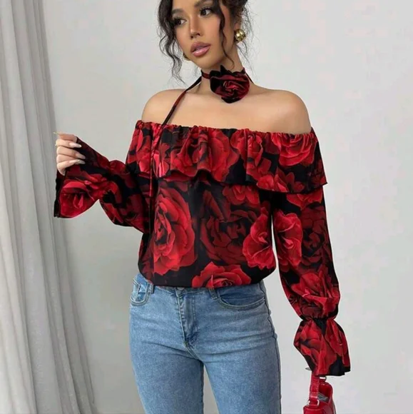 Rose Color Long Sleeve Off Shoulder Shirt With 3D Rose Design Scarf Collar - Picture 4 of 4